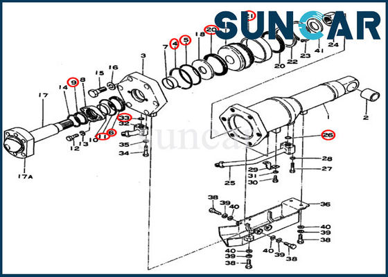 Zestaw uszczelek cylindra hydraulicznego Komatsu 195-63-05041 do spycharki gąsienicowej D355-3